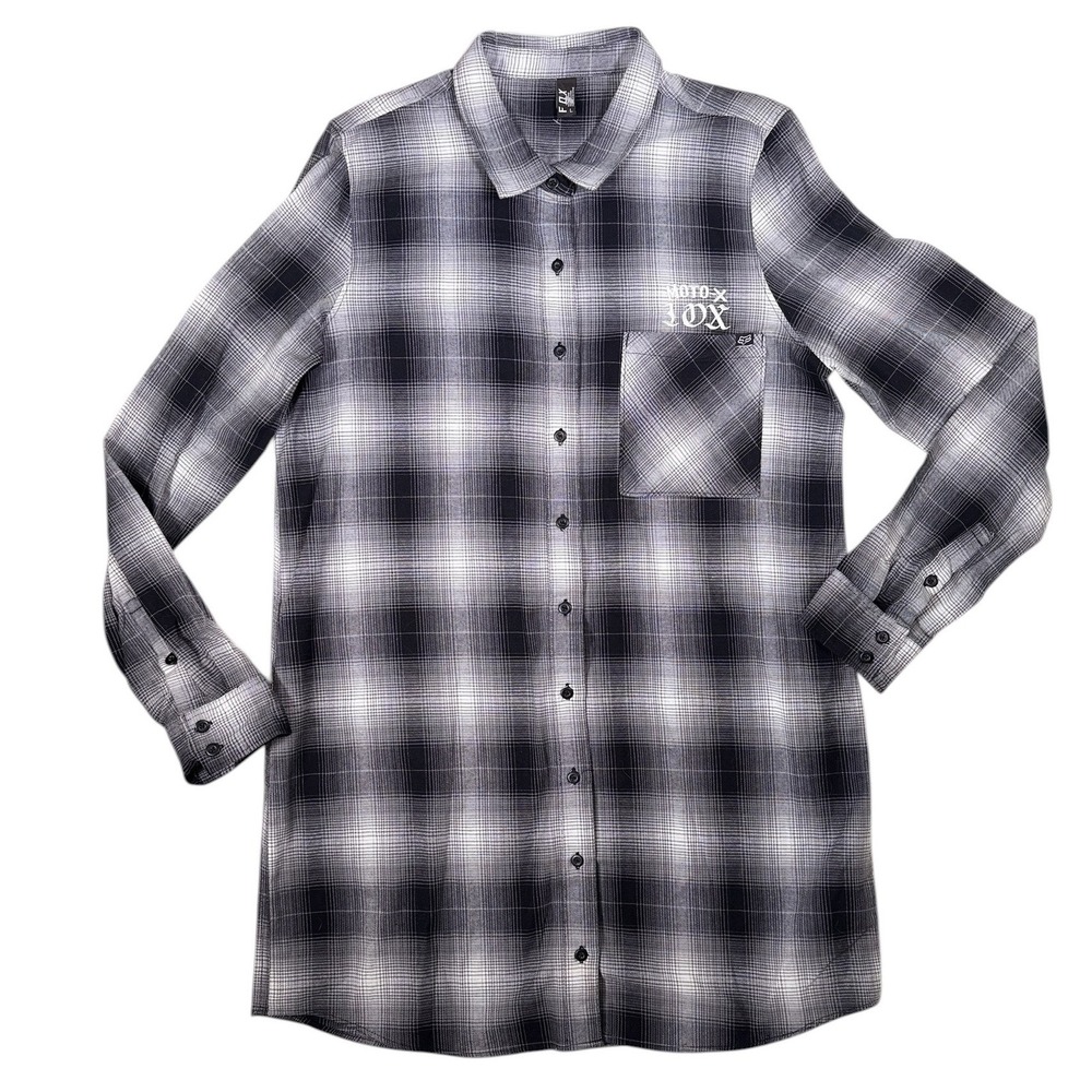 Fox Racing Womens Moto-X Plaid Flannel Shirt Black White Long Sleeve L 21917